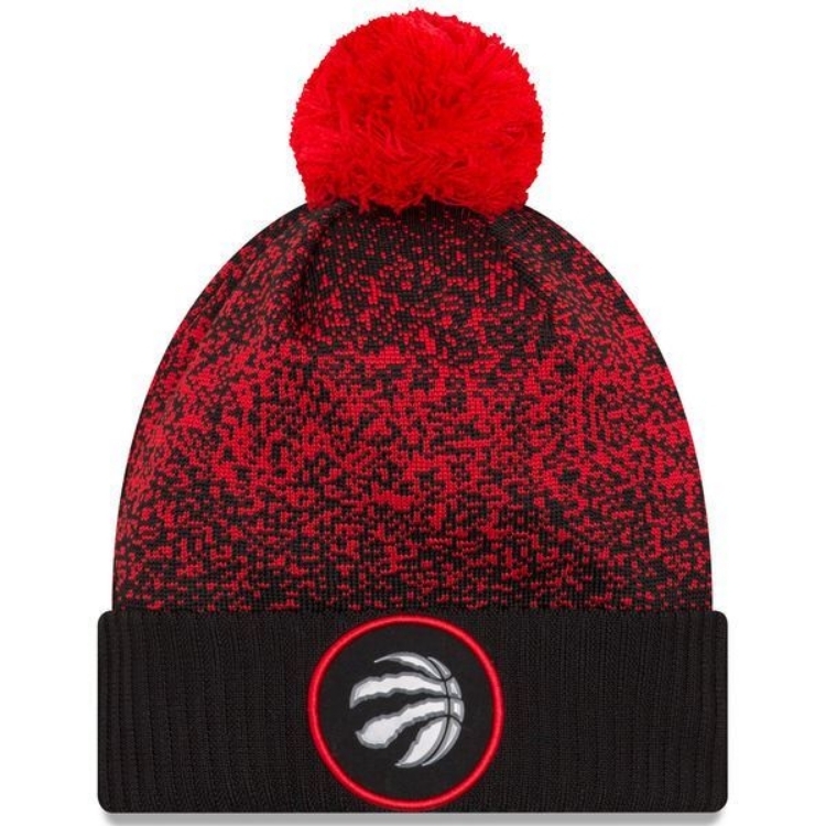 Men's Toronto Raptors New Era Black On-Court Cuffed Knit Hat with Pom front view
