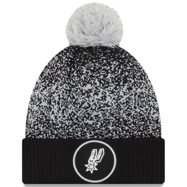 Men's San Antonio Spurs New Era Black On-Court Cuffed Knit Hat with Pom front view