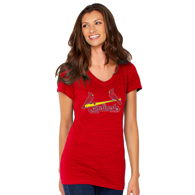 St. Louis Cardinals Soft as a Grape Women's Birds on Bat  V-neck Short Sleeve T-Shirt - Red front view
