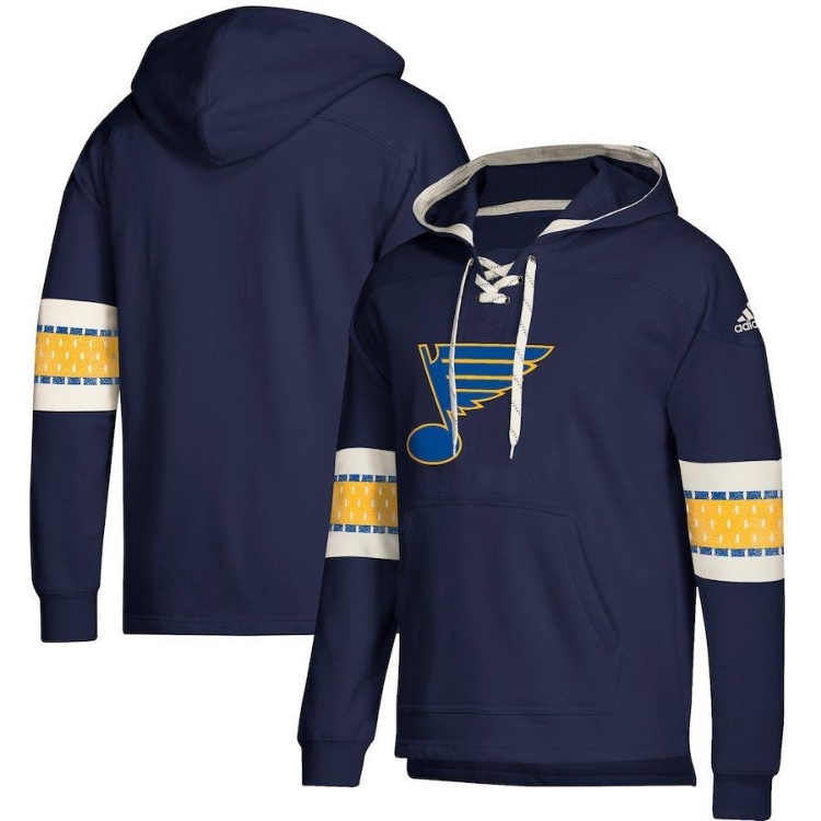 Men's St. Louis Blues adidas Blue Jersey Lace-Up Pullover Hoodie front view