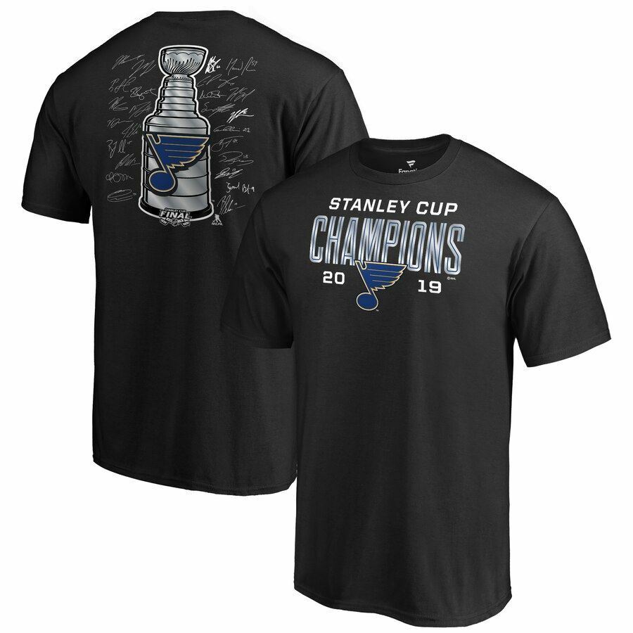 St. Louis Blues Fanatics Branded 2019 Stanley Cup Champions Goaltender Signature Roster T-Shirt ...