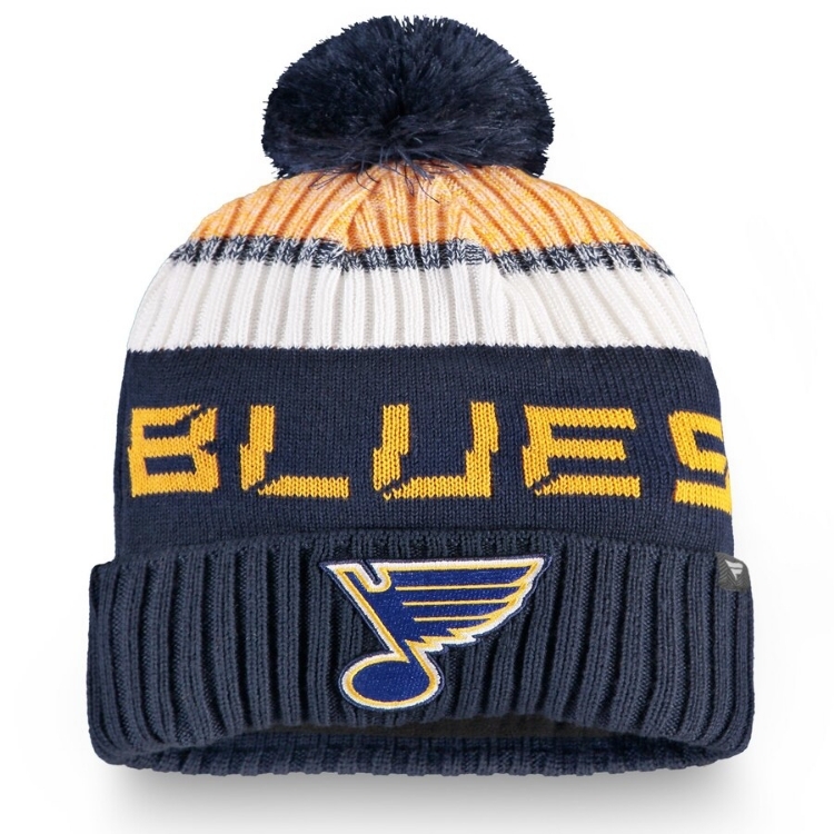 Fanatics Branded St. Louis Blues Navy/Gold Authentic Pro Rinkside Goalie Cuffed Knit Hat with Pom front view