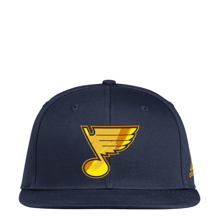 Adidas St Louis Blues Navy Blue Yellow Camo Flat Brim Mens Snapback Hat front view