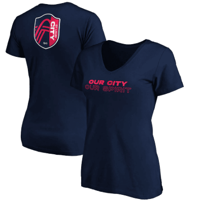 Women's St. Louis City SC Fanatics Branded Navy Our City Our Spirit V-Neck T-Shirt front view