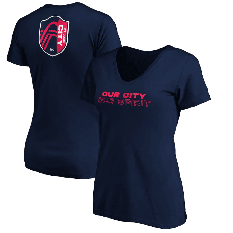 Women's St. Louis City SC Fanatics Branded Navy Our City Our Spirit V-Neck T-Shirt front view