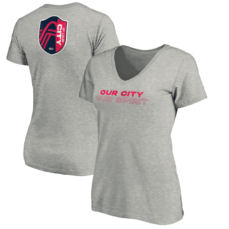 Women's St. Louis City SC Fanatics Branded Heather Gray Our City Our Spirit V-Neck T-Shirt front view