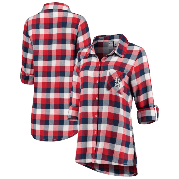 Women's St. Louis Cardinals Concepts Sport Red/Navy Breakout Flannel Long Sleeve Nightshirt front view
