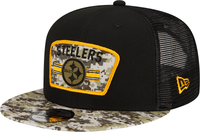 Men's Pittsburgh Steelers New Era Black/Camo 2021 Salute To Service Trucker 9FIFTY Snapback Adjustable Hat front view