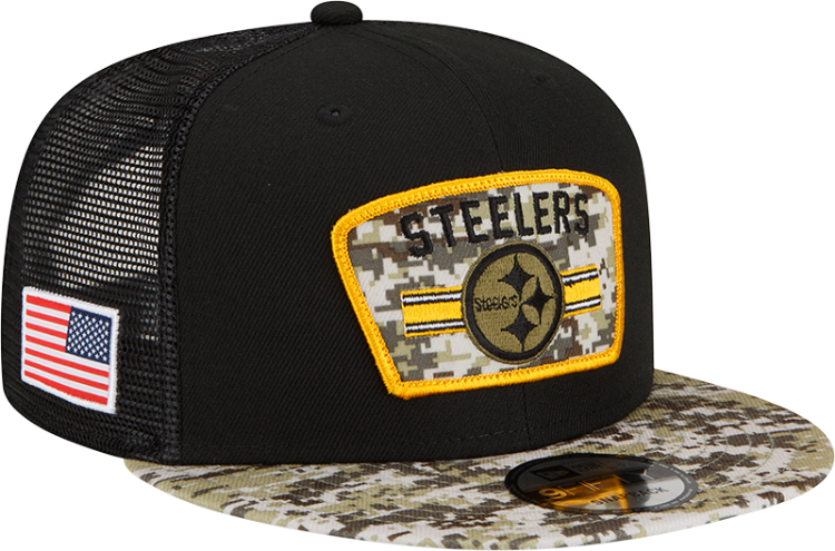 Men's Pittsburgh Steelers New Era Black/Camo 2021 Salute To Service Trucker 9FIFTY Snapback Adjustable Hat side view