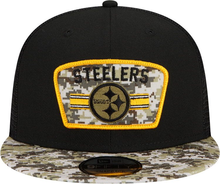 Men's Pittsburgh Steelers New Era Black/Camo 2021 Salute To Service Trucker 9FIFTY Snapback Adjustable Hat back view