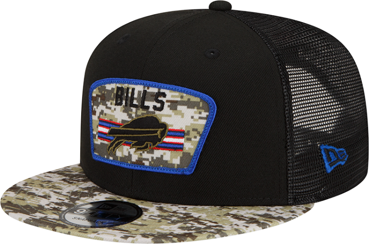 Men's Buffalo Bills New Era Black/Camo 2021 Salute To Service Trucker 9FIFTY Snapback Adjustable Hat front view