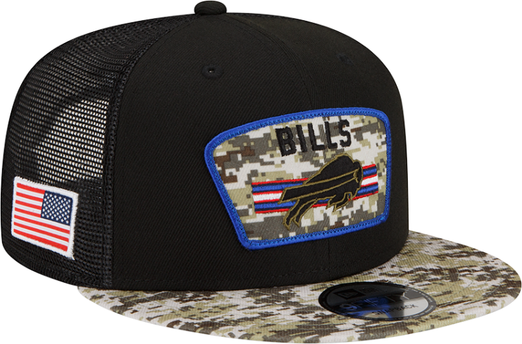 Men's Buffalo Bills New Era Black/Camo 2021 Salute To Service Trucker 9FIFTY Snapback Adjustable Hat side view