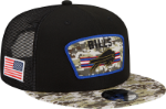 Men's Buffalo Bills New Era Black/Camo 2021 Salute To Service Trucker 9FIFTY Snapback Adjustable Hat