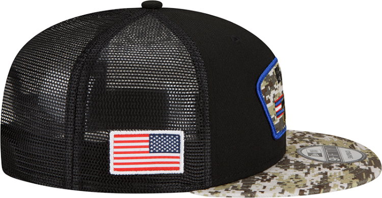 Men's Buffalo Bills New Era Black/Camo 2021 Salute To Service Trucker 9FIFTY Snapback Adjustable Hat image 6