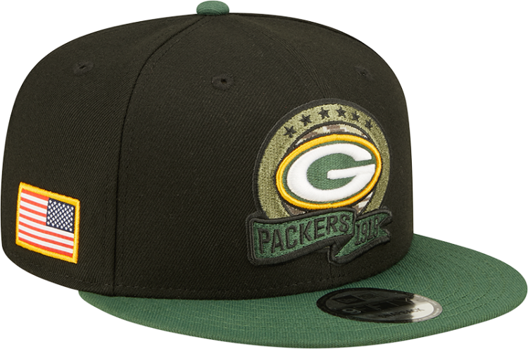 Men's New Era Black/Green Green Bay Packers 2022 Salute To Service 9FIFTY Snapback Hat side view