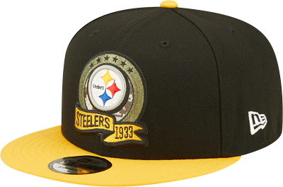 Men's Pittsburgh Steelers New Era Black/Yellow 2022 Salute To Service 9FIFTY Snapback Hat front view