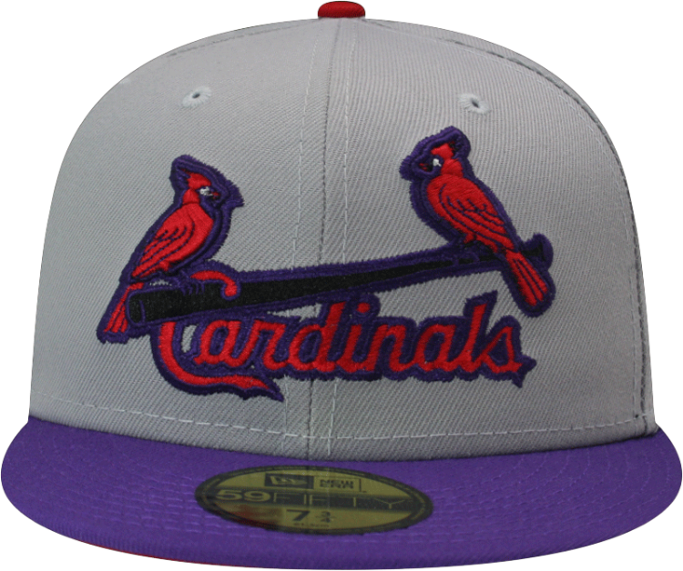 St. Louis Cardinals Custom New Era 5950 Fitted Gray Purple Scarlet Birds on Bat Cap front view