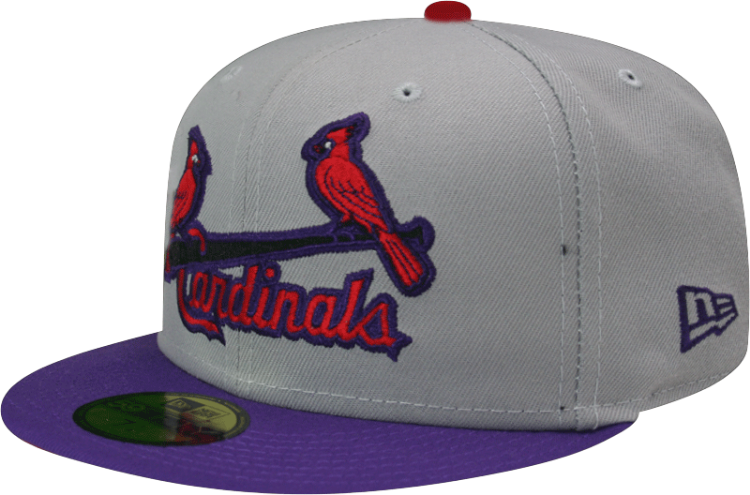 St. Louis Cardinals Custom New Era 5950 Fitted Gray Purple Scarlet Birds on Bat Cap side view