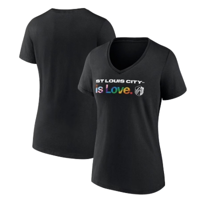 Women's St. Louis City SC Fanatics Branded Black Team City Pride Logo - V-Neck T-Shirt front view