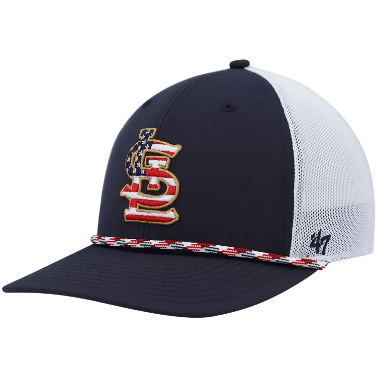 Men's '47 Navy/White St. Louis Cardinals Flag Fill Trucker Snapback Hat side view