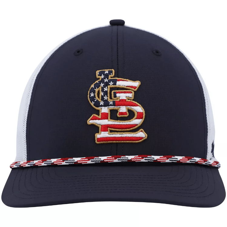 Men's '47 Navy/White St. Louis Cardinals Flag Fill Trucker Snapback Hat back view
