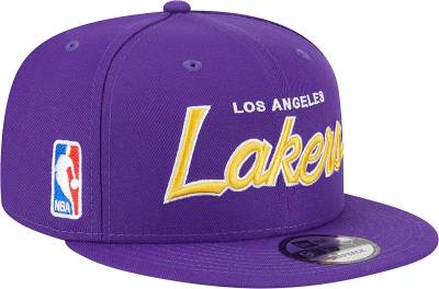 Men's Los Angeles Lakers New Era Purple Script Up 9FIFTY Snapback Hat front view