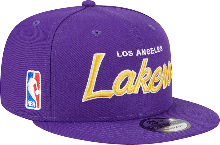 Men's Los Angeles Lakers New Era Purple Script Up 9FIFTY Snapback Hat front view