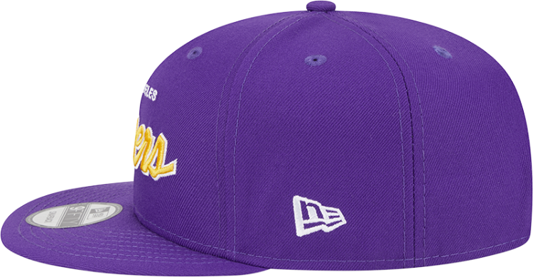 Men's Los Angeles Lakers New Era Purple Script Up 9FIFTY Snapback Hat detail view