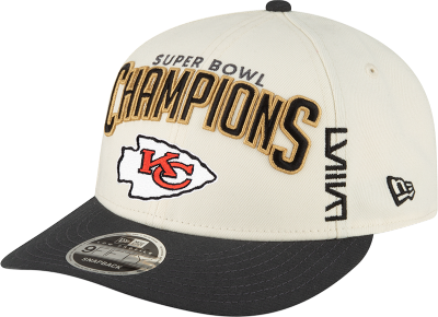 Men's Kansas City Chiefs New Era Cream/Black Super Bowl LVIII Champions Locker Room Low Profile 9FIFTY Adjustable Hat front view