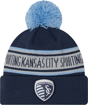 Men's New Era Navy Sporting Kansas City Repeat Cuffed Knit Hat with Pom front view