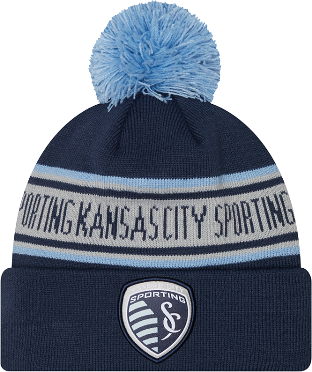 Men's New Era Navy Sporting Kansas City Repeat Cuffed Knit Hat with Pom front view