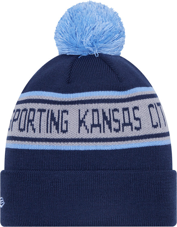 Men's New Era Navy Sporting Kansas City Repeat Cuffed Knit Hat with Pom side view