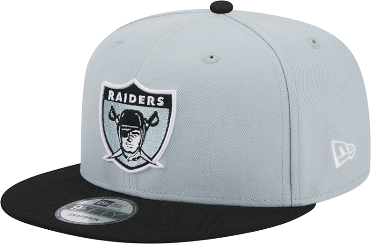 Las Vegas Raiders 2025 New Era 9FIFTY Snapback Hat – Official Sideline Cap in Light Gray & Black front view