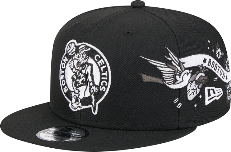Men's Boston Celtics New Era Black Injection City Art 9FIFTY Snapback Hat front view