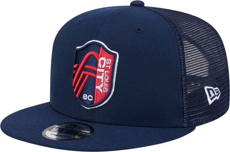 New Era St Louis City SC Red Evergreen Trucker 9FIFTY Mens Snapback Hat front view