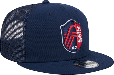 New Era St Louis City SC Red Evergreen Trucker 9FIFTY Mens Snapback Hat side view
