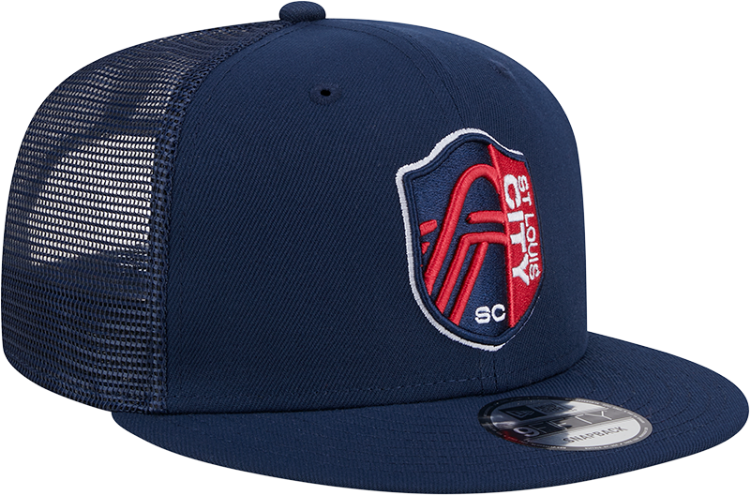 New Era St Louis City SC Red Evergreen Trucker 9FIFTY Mens Snapback Hat side view