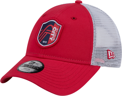 New Era St Louis City SC Navy Blue Evergreen Trucker JR 9FORTY Youth Adjustable Hat front view