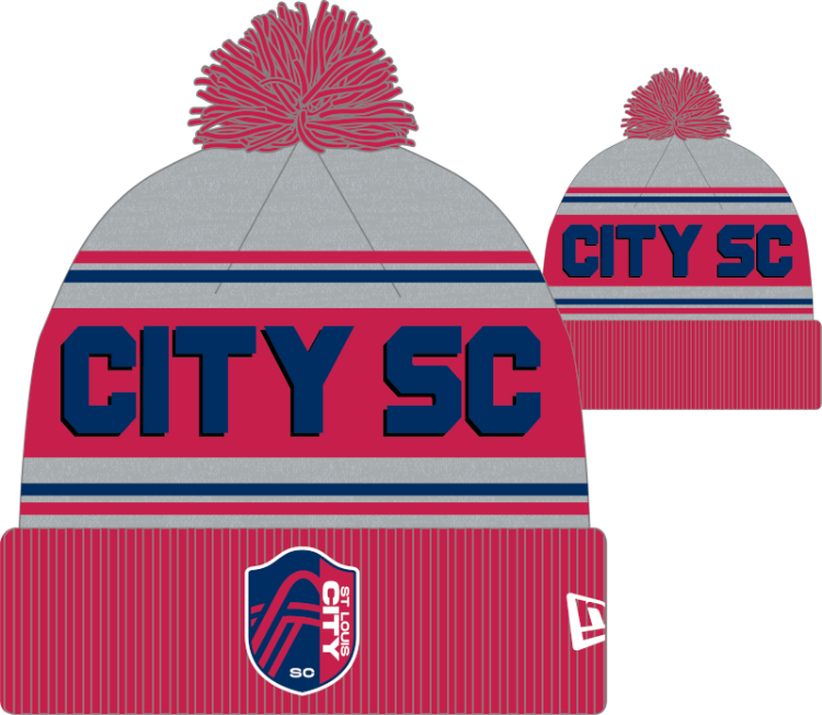 New Era St Louis City SC Grey Evergreen Wordmark Pom Mens Knit Hat front view