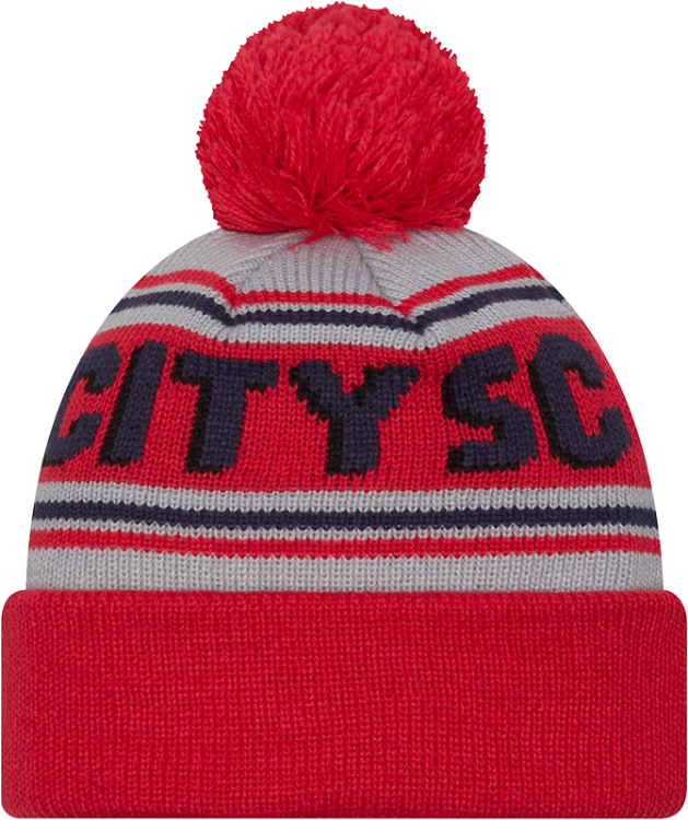 New Era St Louis City SC Grey Evergreen Wordmark Pom Mens Knit Hat side view