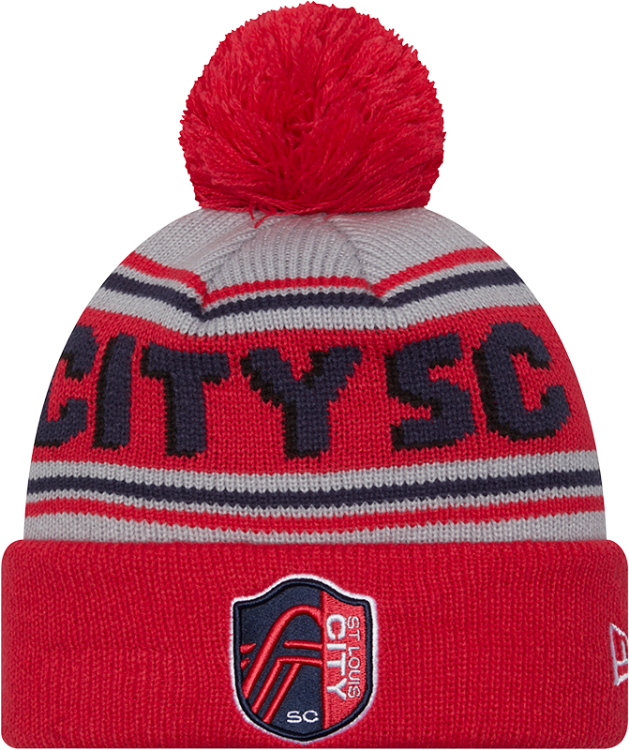 New Era St Louis City SC Grey Evergreen Wordmark Pom Mens Knit Hat back view