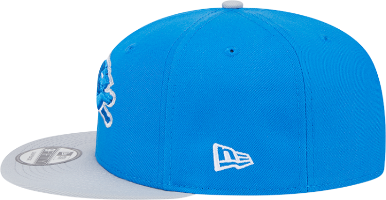 Detroit Lions 2025 New Era 9FIFTY Snapback Hat – Official Sideline Cap in Honolulu Blue & Gray detail view