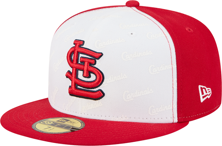 St. Louis Cardinals New Era 59FIFTY Fitted Hat – White & Red Logo Repeat Pattern Cap front view