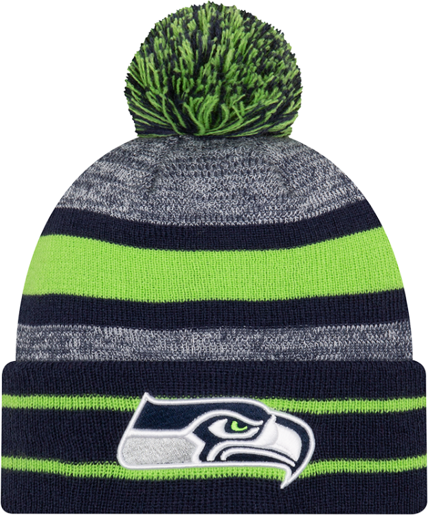 Seattle Seahawks New Era Knit Cuffed Pom Beanie – Navy, Gray & Neon Green front view