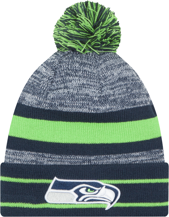 Picture of Seattle Seahawks New Era Knit Cuffed Pom Beanie – Navy, Gray & Neon Green