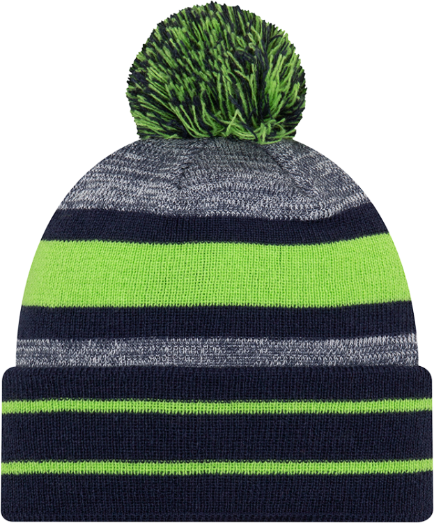 Picture of Seattle Seahawks New Era Knit Cuffed Pom Beanie – Navy, Gray & Neon Green